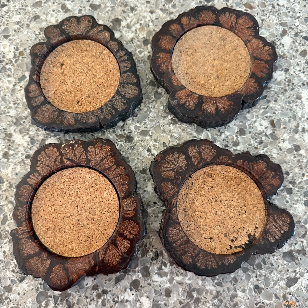 Vintage set of 4 MCM Coasters - Wood/Cork Chrysanthemum